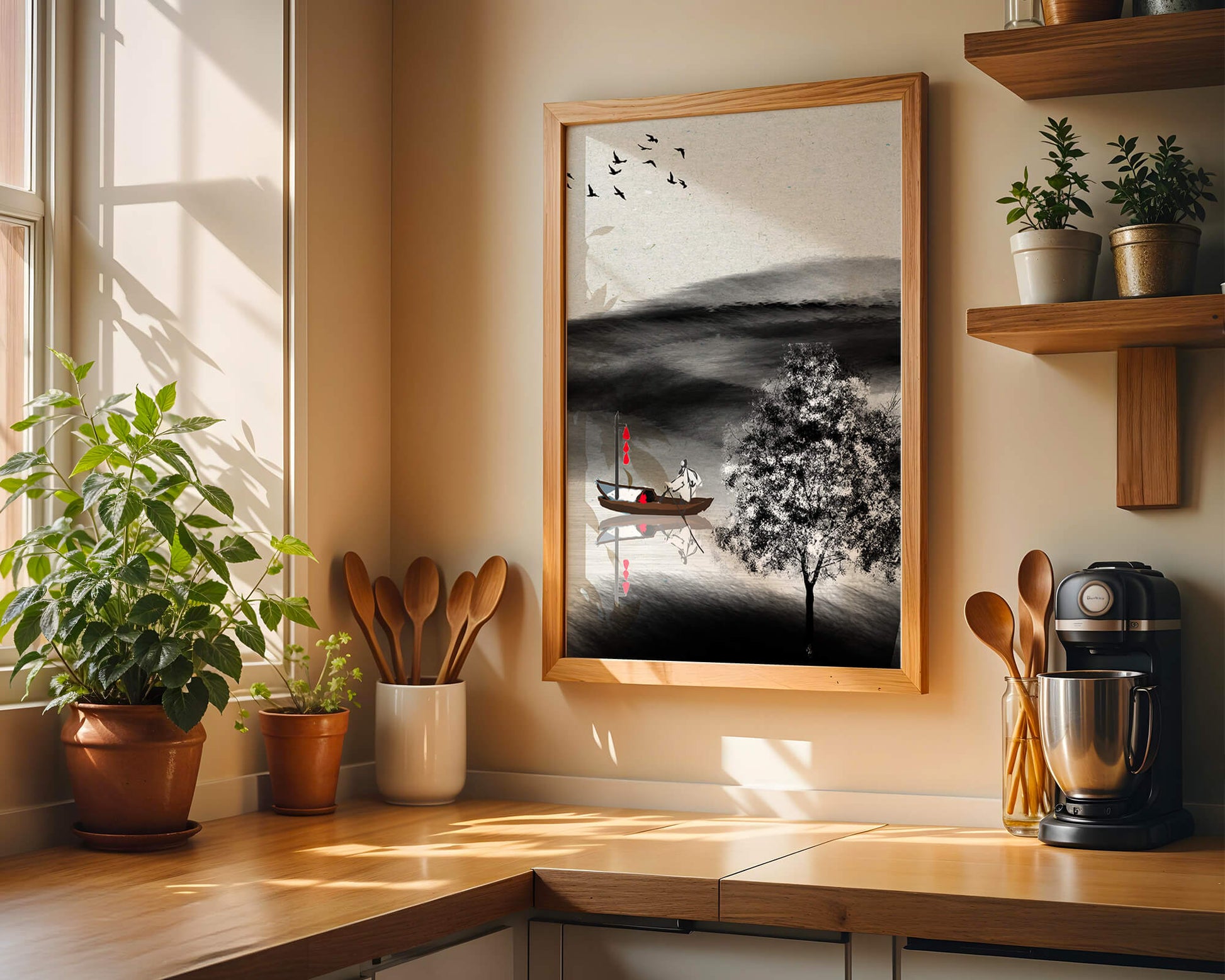 Tranquilo viaje en barco en un paisaje sereno con pájaros y árbol