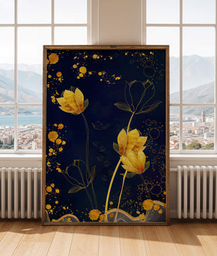 Elegant floral artwork with golden accents on deep blue background