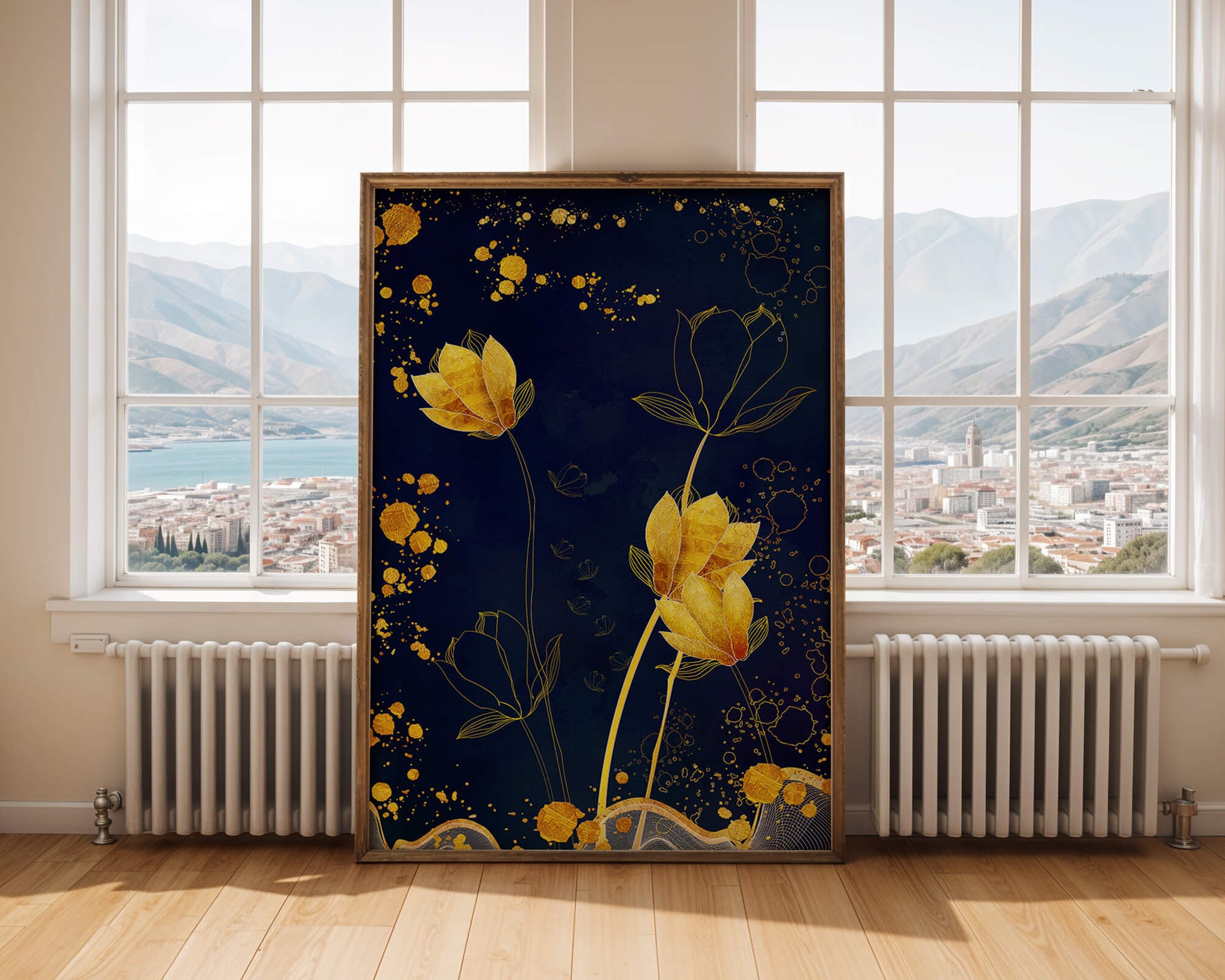 Elegant floral artwork with golden accents on deep blue background