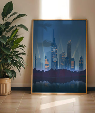 Paisaje urbano moderno con rascacielos iluminados reflejándose en el agua