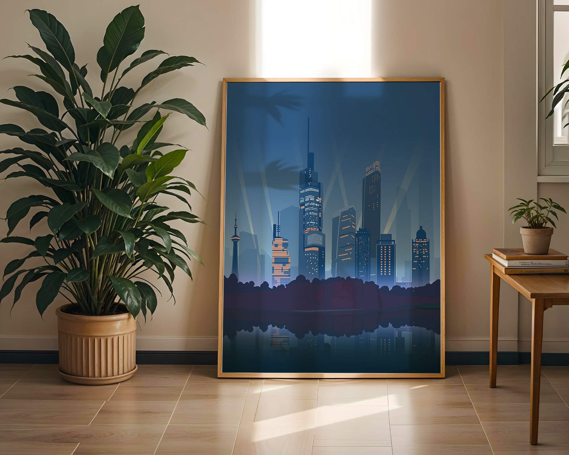 Modern cityscape with illuminated skyscrapers reflecting on water