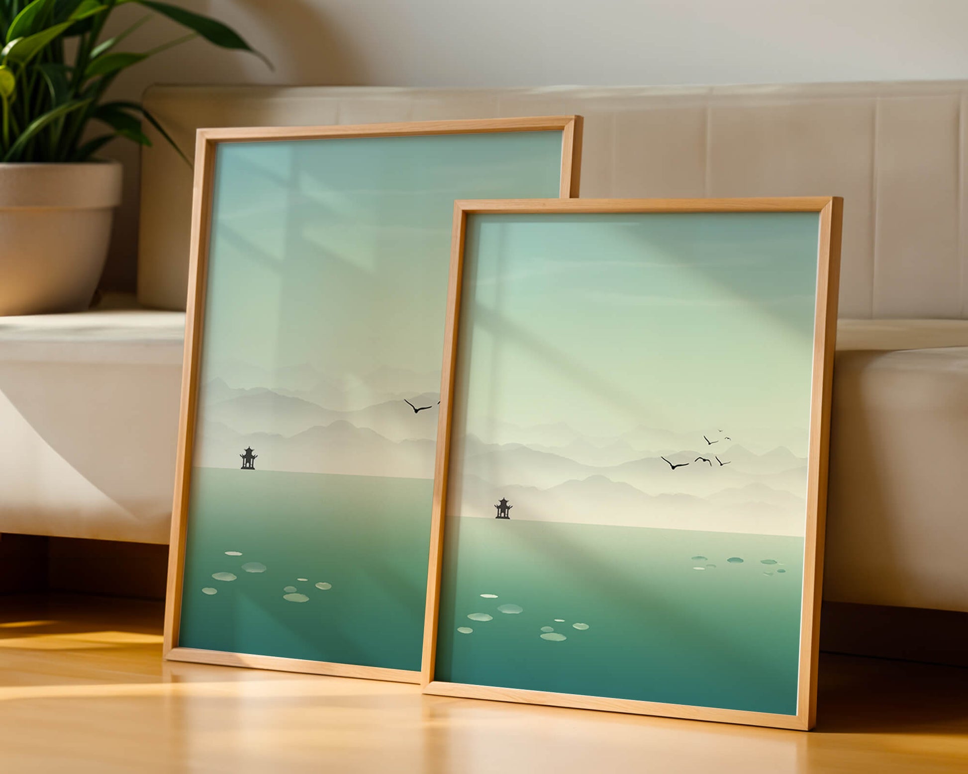 Serene landscape with pagoda and birds over a misty lake