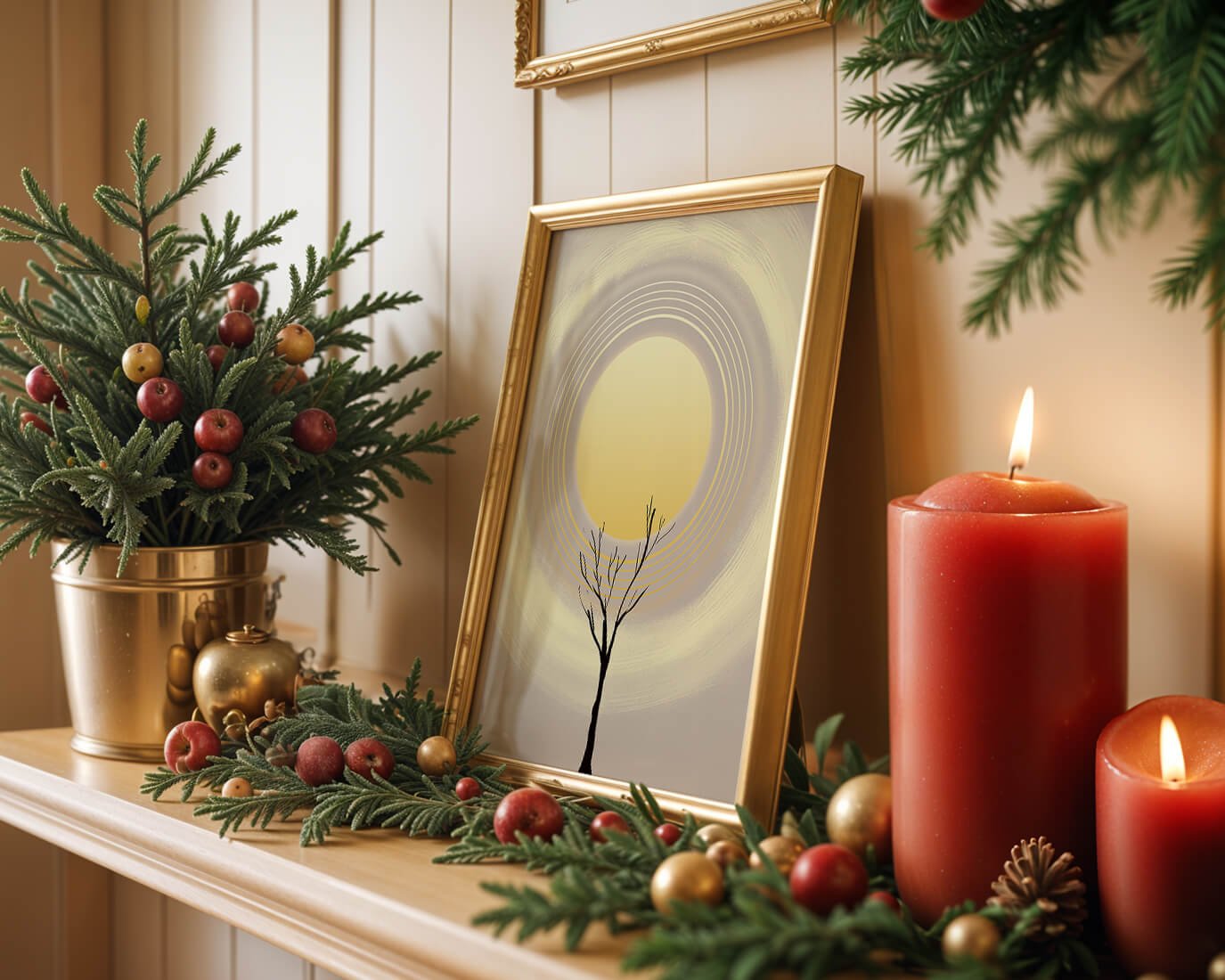 Silueta estilizada de un árbol con círculos concéntricos y un sol grande