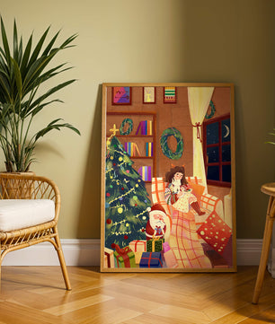 Cozy Christmas scene with tree, gifts, and a child by the window