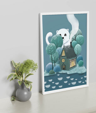 Skurrile Illustration eines gemütlichen Hauses, umgeben von Bäumen und einem freundlichen Wesen