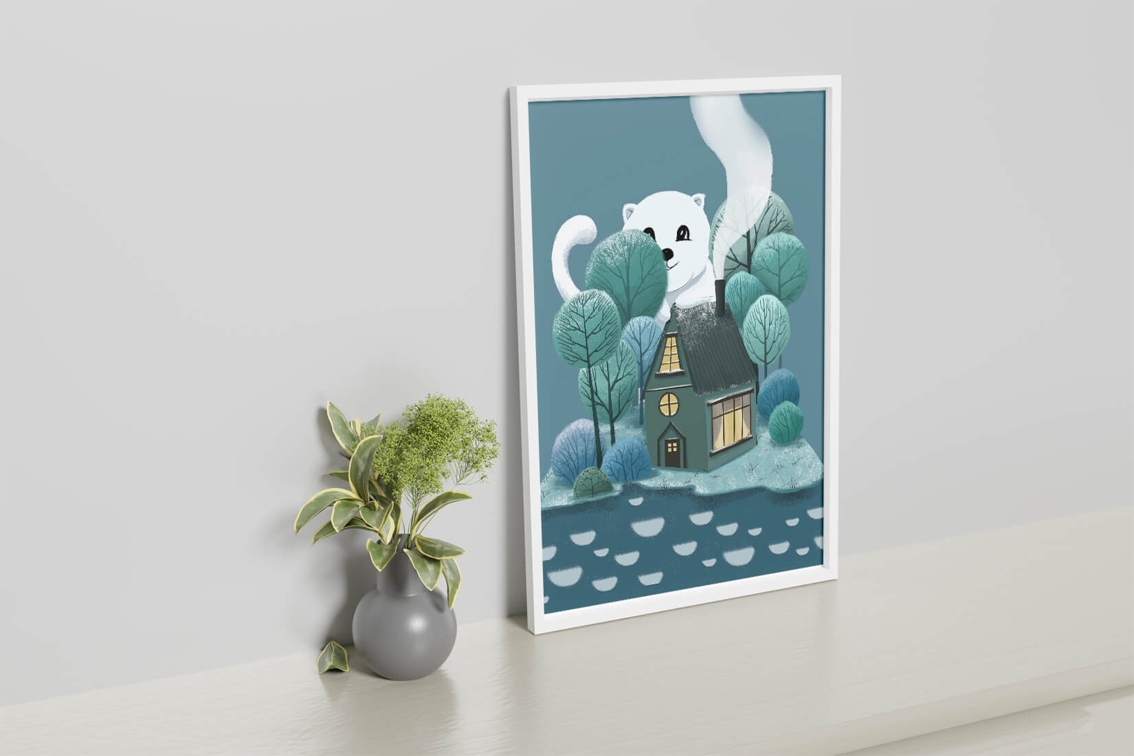 Skurrile Illustration eines gemütlichen Hauses, umgeben von Bäumen und einem freundlichen Wesen