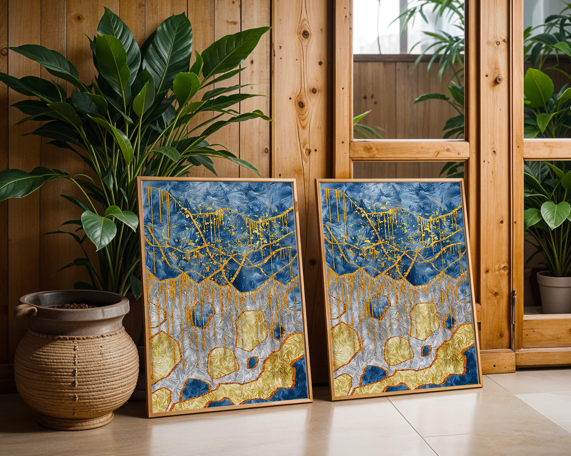 Abstract gold and blue textured art with dynamic splashes of color