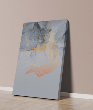 Elegantes abstraktes Design mit fließenden goldenen und orangefarbenen Linien auf blauem Hintergrund