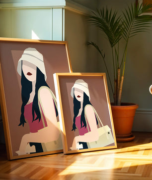 Ilustración elegante de una mujer con sombrero de cubo y ropa casual