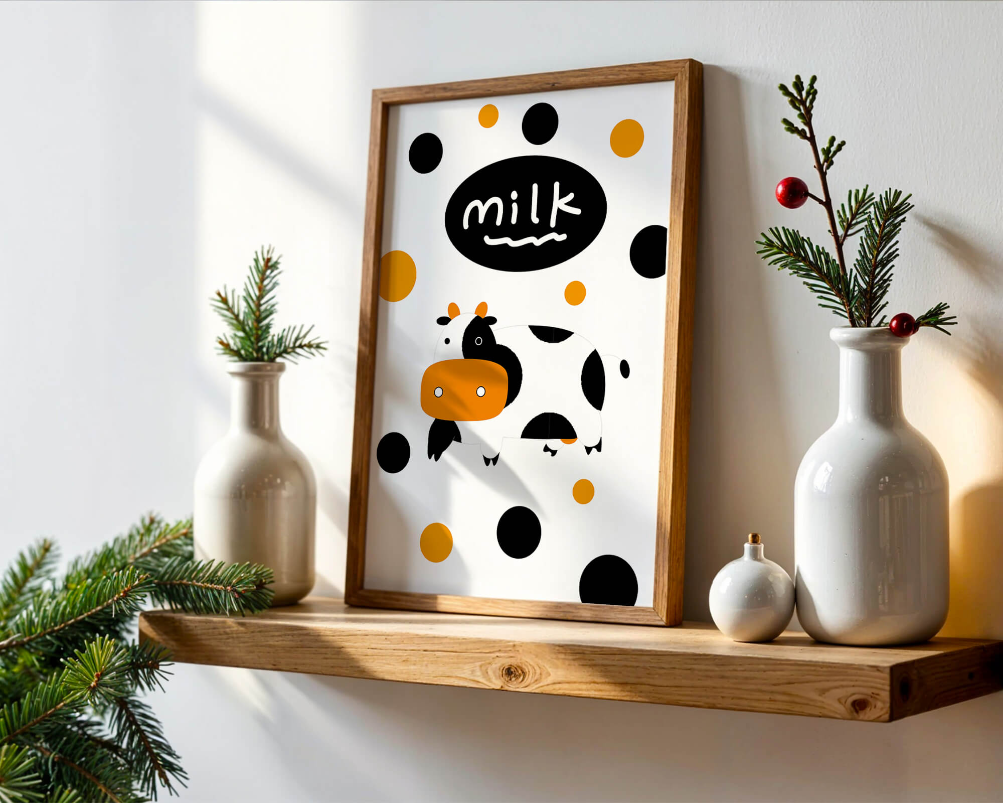 Illustrated cow with modern design and abstract elements