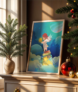 Enchanting angel collecting stars in a dreamy night sky