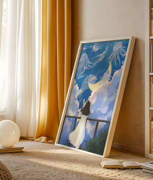 Young girl with umbrella watching surreal jellyfish sky