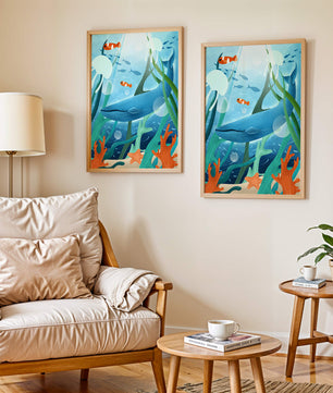 Underwater scene with whale, fish, and sea plants illustration