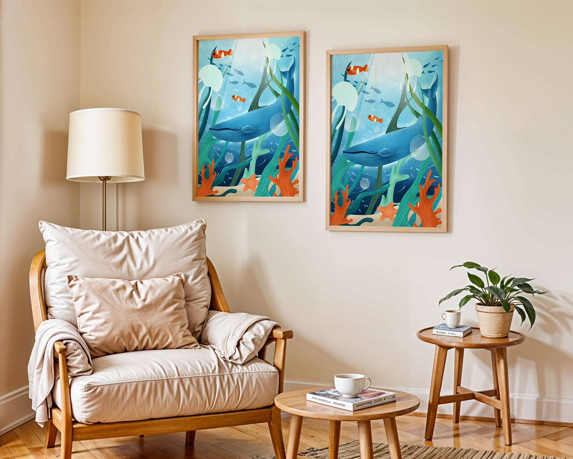 Underwater scene with whale, fish, and sea plants illustration