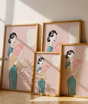 Elegant woman in vintage dress with pink background