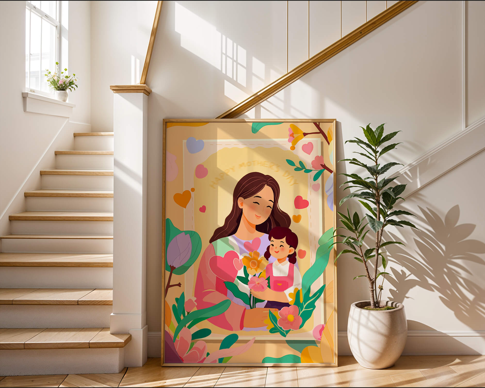 Illustration of mother and daughter with flowers for Mother's Day