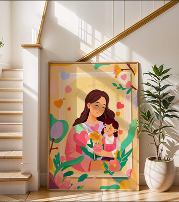Illustration of mother and daughter with flowers for Mother's Day