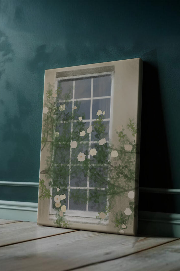 Floral Window with Climbing Roses in a Tranquil Setting
