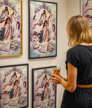 Elegant Asian Artistry with a Crane and Traditional Attire