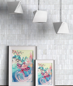 Illustration colorée d’oiseaux et de fleurs avec une architecture orientale