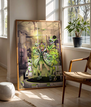 Chica de anime futurista con aura verde y compañeros robóticos en un paisaje urbano de ciencia ficción