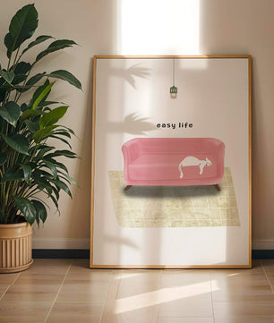 Minimalist Interior with Pink Sofa and Relaxed White Cat