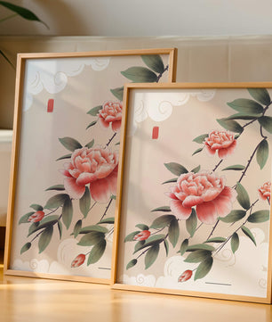 Oriental floral illustration with pink peonies and calligraphy