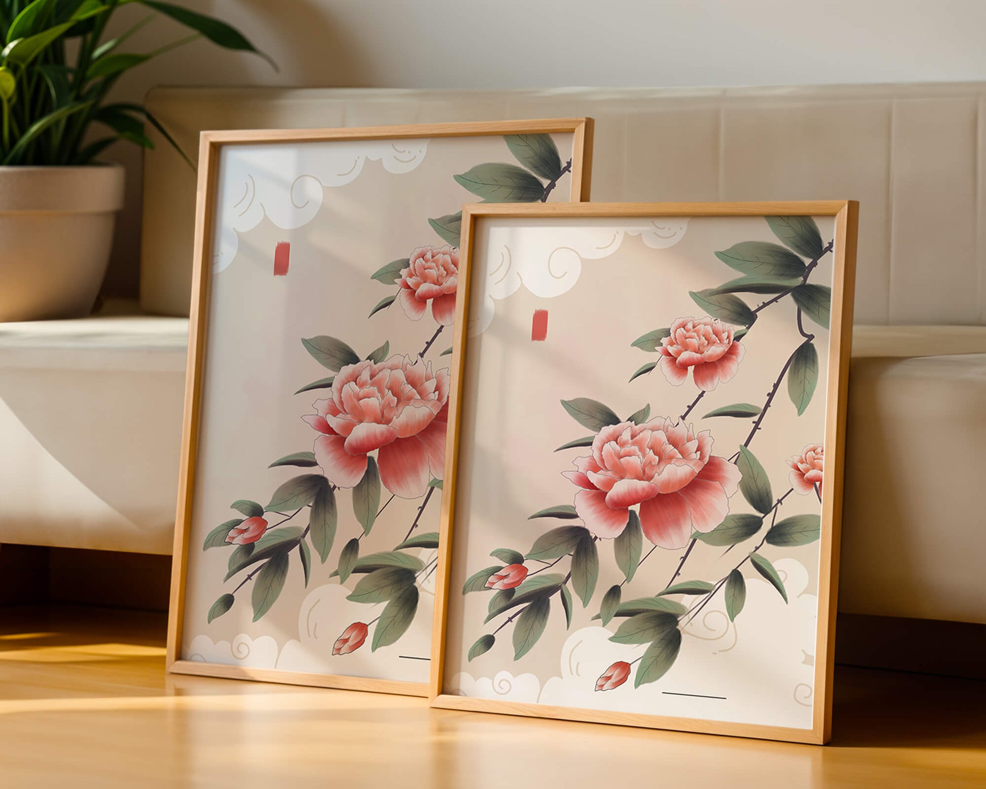 Oriental floral illustration with pink peonies and calligraphy