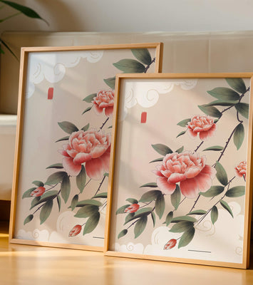 Oriental floral illustration with pink peonies and calligraphy