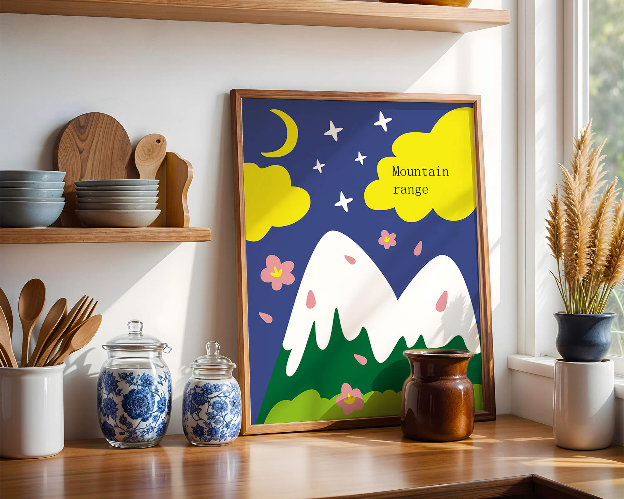 Stylized mountain landscape with starry night background and vibrant clouds