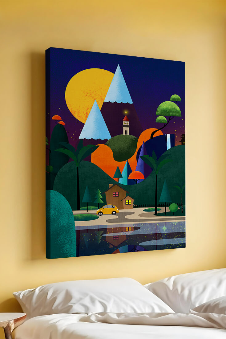 Colorful Modern Landscape with Geometric Elements and A House by The Lake Under The Night Sky