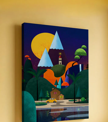 Colorful Modern Landscape with Geometric Elements and A House by The Lake Under The Night Sky