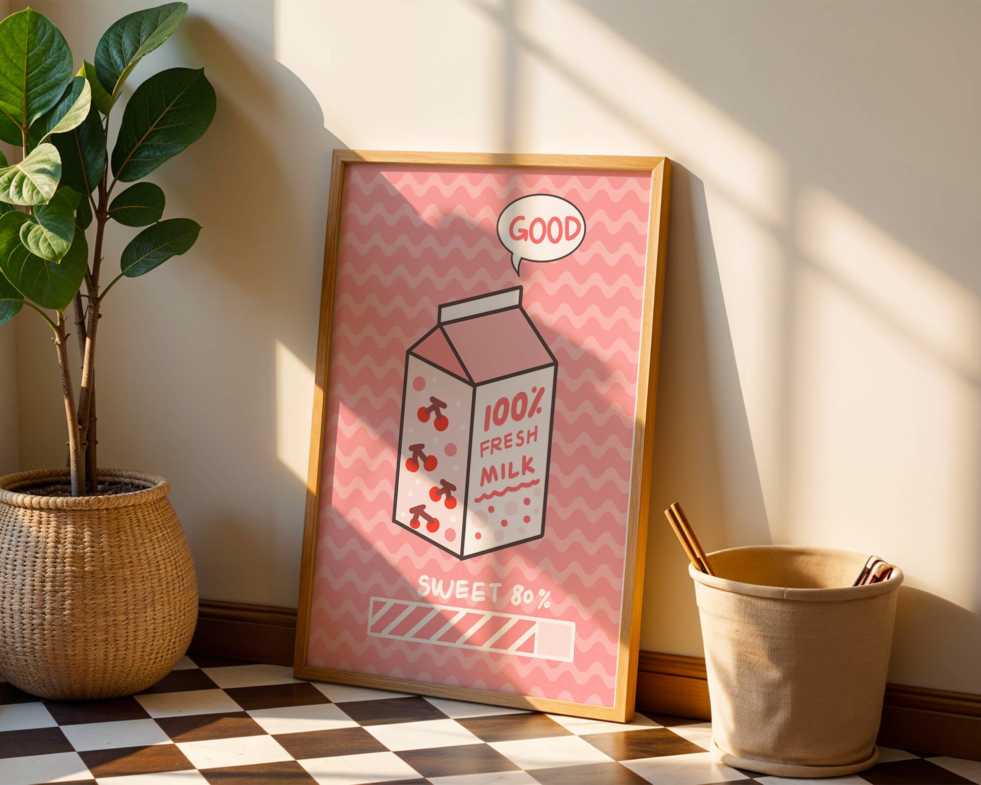 Playful illustration of milk carton with cherry design on pink background
