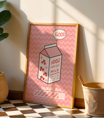 Playful illustration of milk carton with cherry design on pink background