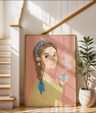Illustration d'une fille avec un bandeau tenant une tasse fumante