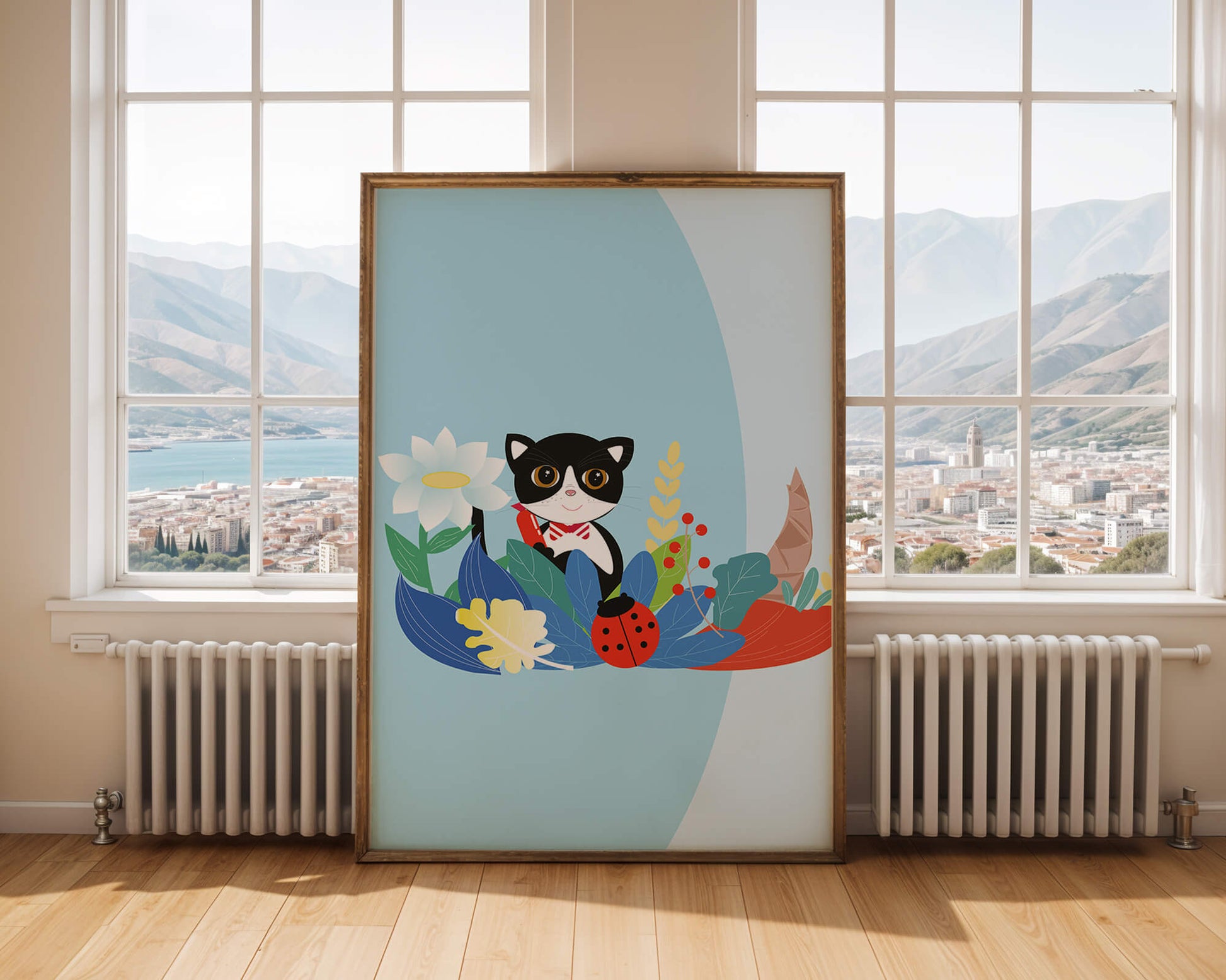 Ilustración de un gato con mariquita y flores sobre fondo azul claro