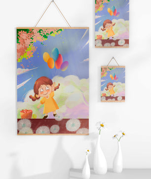 Whimsical illustration of a girl with balloons under vibrant pink blossoms