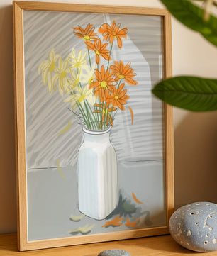 Vibrant daisies in a white vase illustration