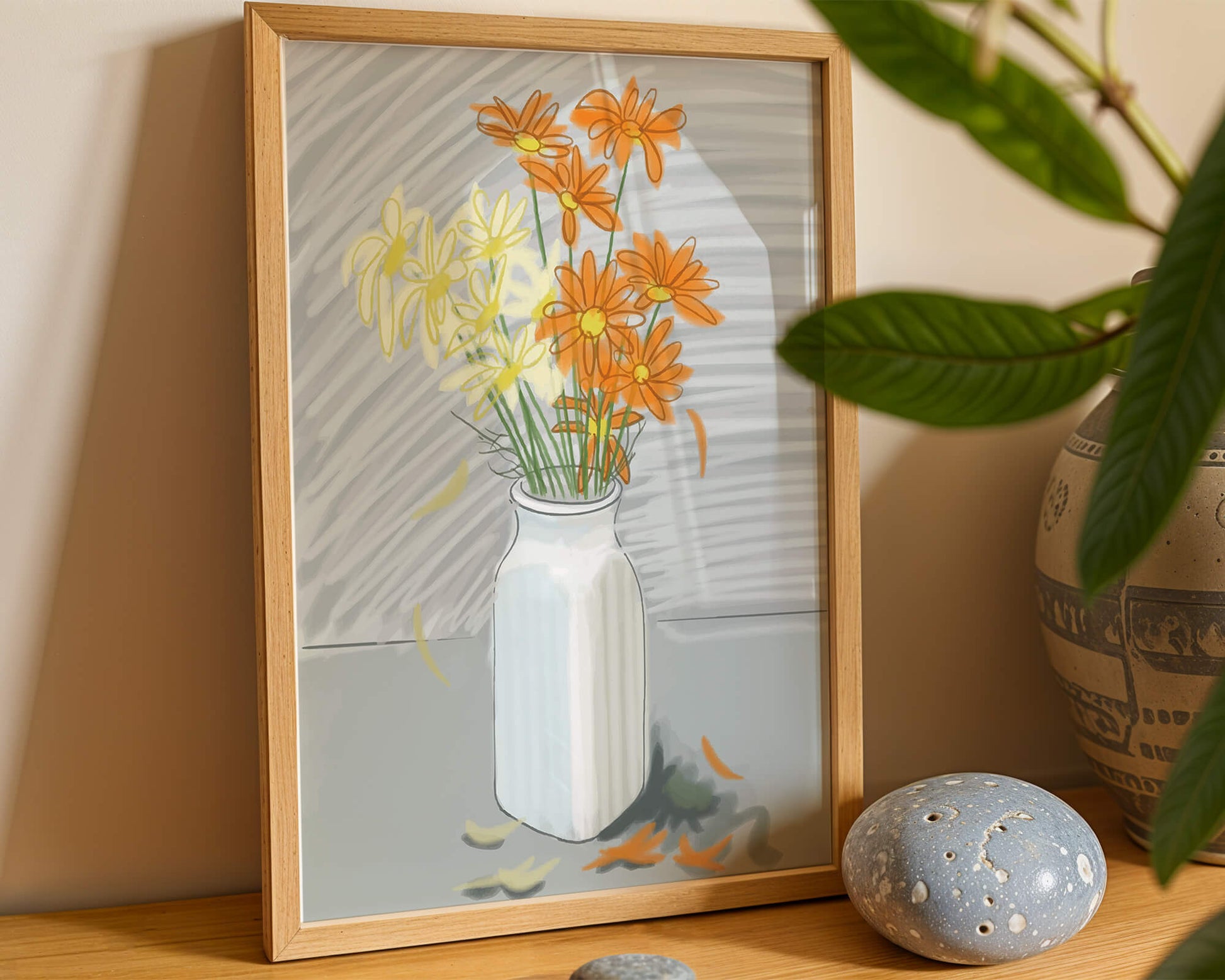 Vibrant daisies in a white vase illustration