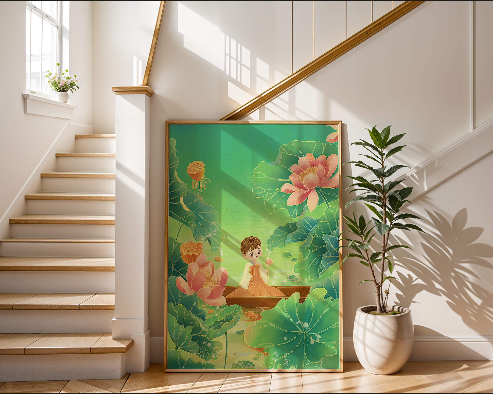 Serene illustration with girl among lotus flowers and green leaves