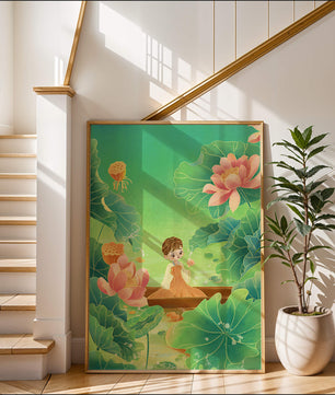 Serene illustration with girl among lotus flowers and green leaves