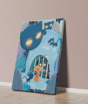 Fantasy scene with glowing-eyed creatures and mysterious cave