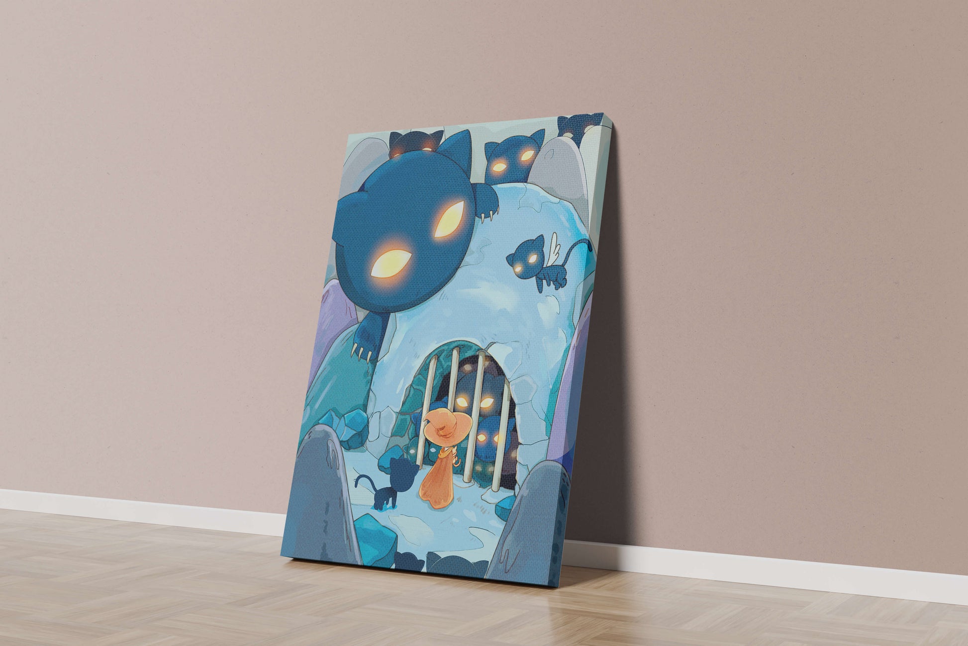 Fantasy scene with glowing-eyed creatures and mysterious cave