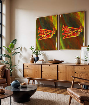 Abstract art featuring neon carrots on a colorful background
