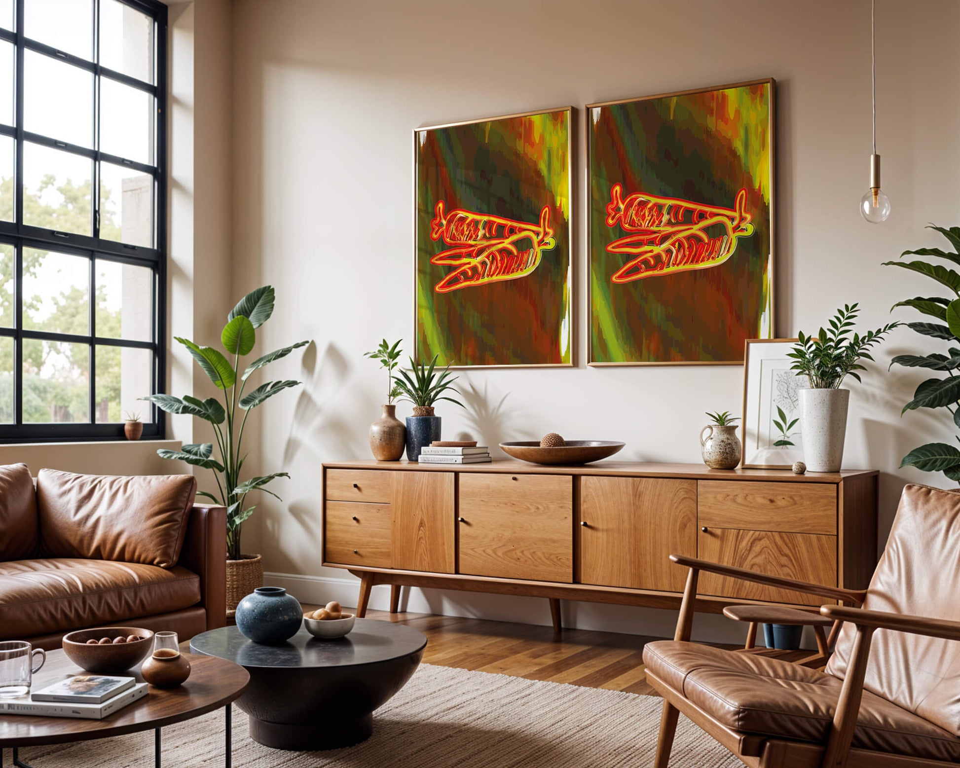 Abstract art featuring neon carrots on a colorful background