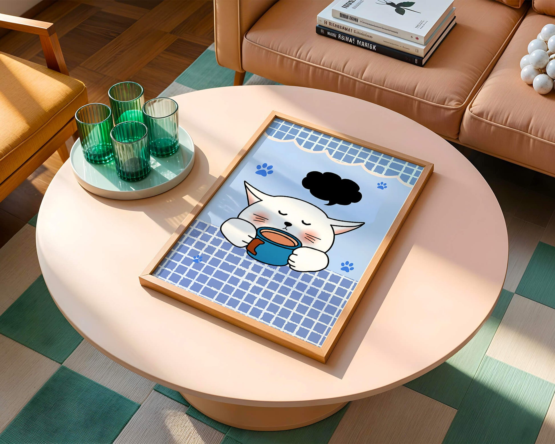 Cute cartoon cat with mug and speech bubble on blue background