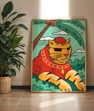 Stylish cartoon tiger lounging under a tropical palm tree with gold accessories