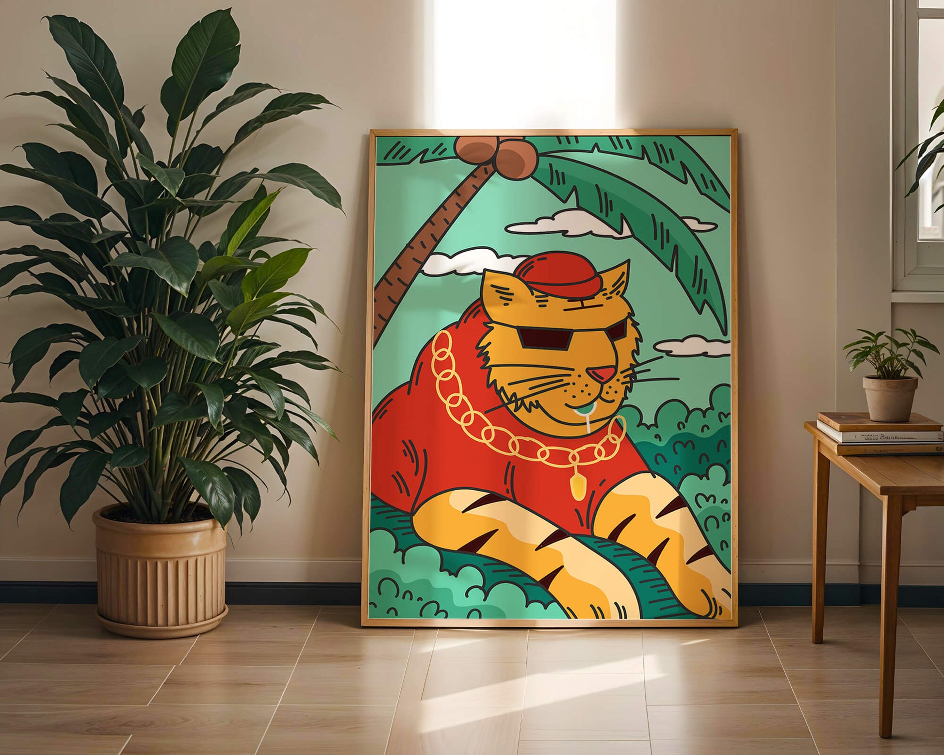 Stylish cartoon tiger lounging under a tropical palm tree with gold accessories