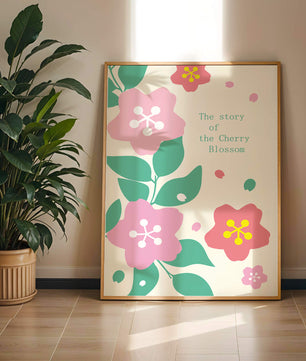 Florale Illustration mit Kirschblüten und grünen Blättern
