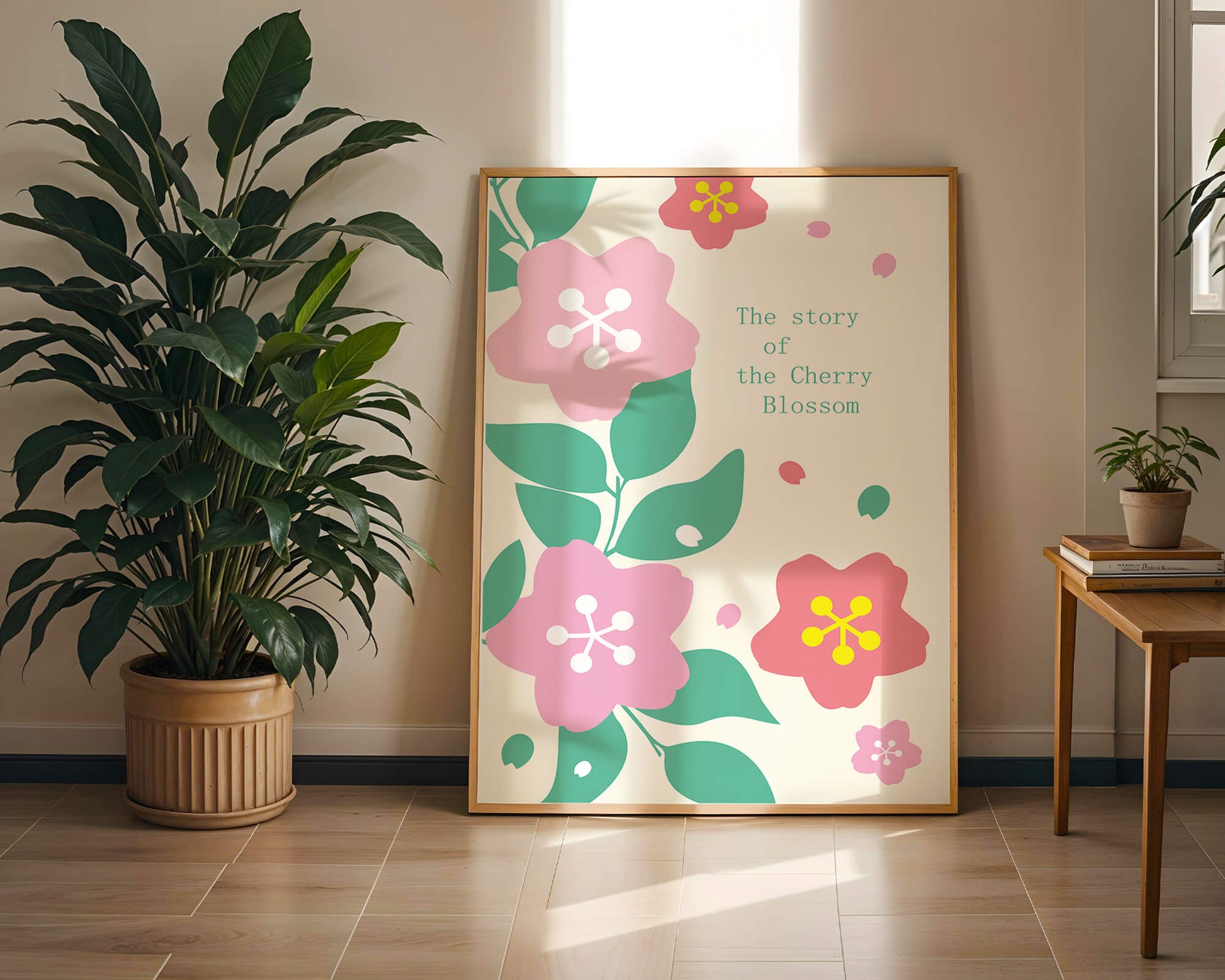 Floral illustration with cherry blossoms and green leaves
